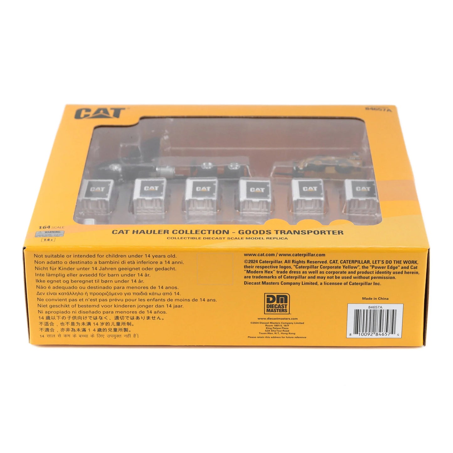 Bottom view of a toy hauler collection packaging with visible branding and product details.