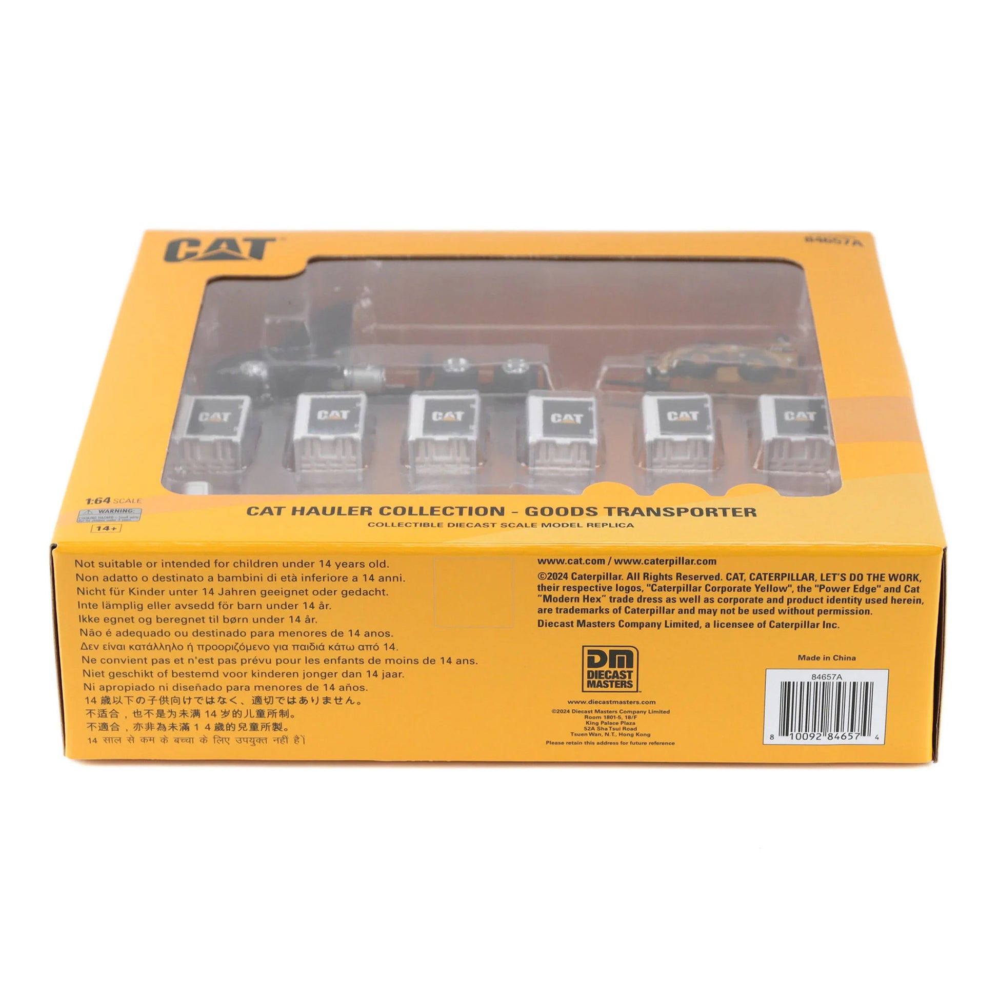 Bottom view of a toy hauler collection packaging with visible branding and product details.