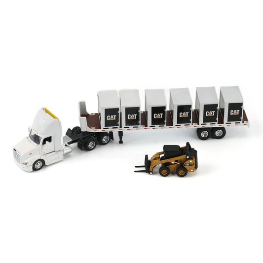 Model of a Peterbilt 579 hitched to a flatbed trailer with 6 CAT branded pallet boxes and a Caterpillar 272D Skid Steer Loader with pallet forks on a white background