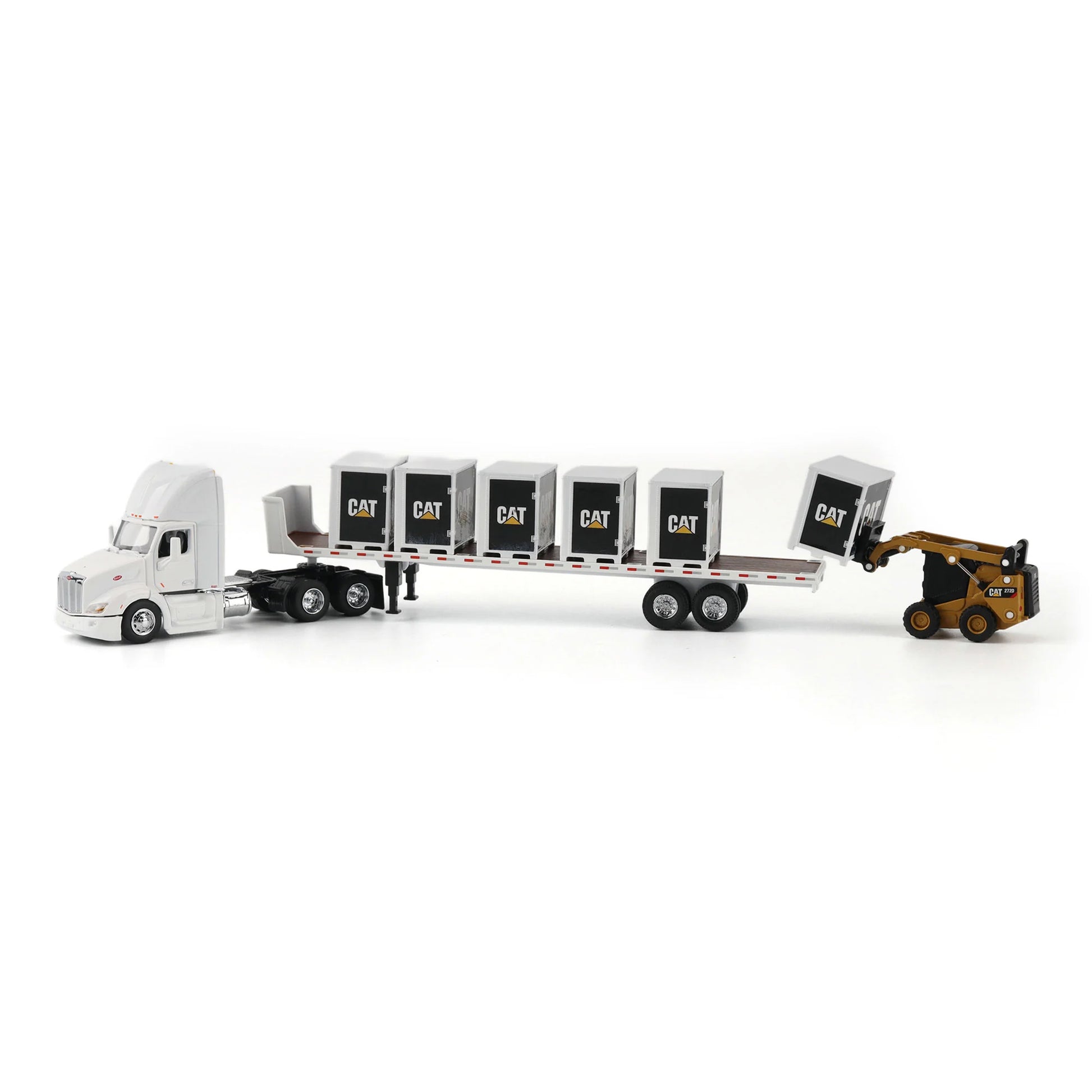 Model of a Peterbilt 579 hitched to a flatbed trailer with 6 CAT branded pallet boxes and a Caterpillar 272D Skid Steer Loader with pallet forks on a white background