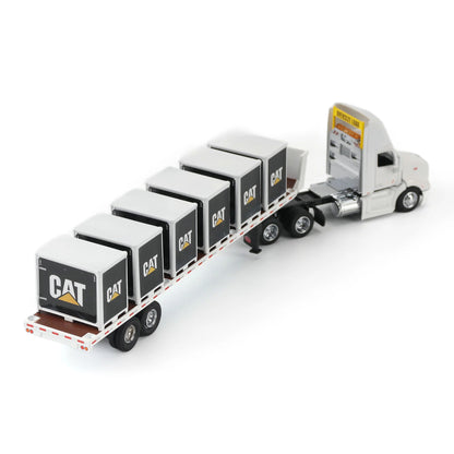 Model of a Peterbilt 579 hitched to a flatbed trailer with 6 CAT branded pallet boxes on a white background