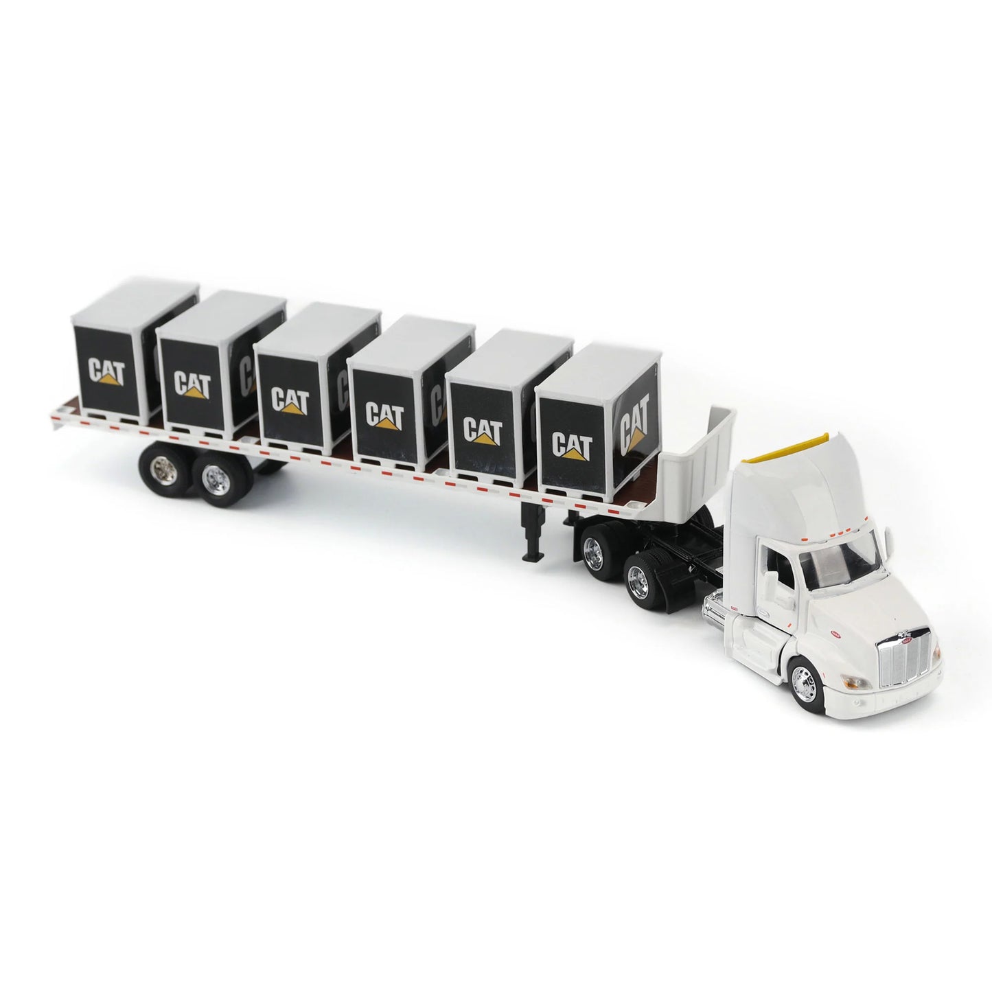 Model of a Peterbilt 579 hitched to a flatbed trailer with 6 CAT branded pallet boxes on a white background