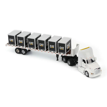 Model of a Peterbilt 579 hitched to a flatbed trailer with 6 CAT branded pallet boxes on a white background