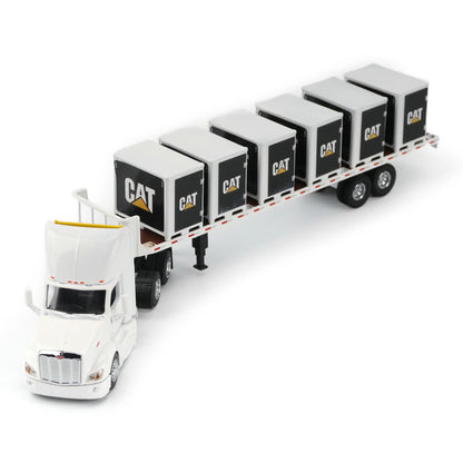 Model of a Peterbilt 579 hitched to a flatbed trailer with 6 CAT branded pallet boxes on a white background