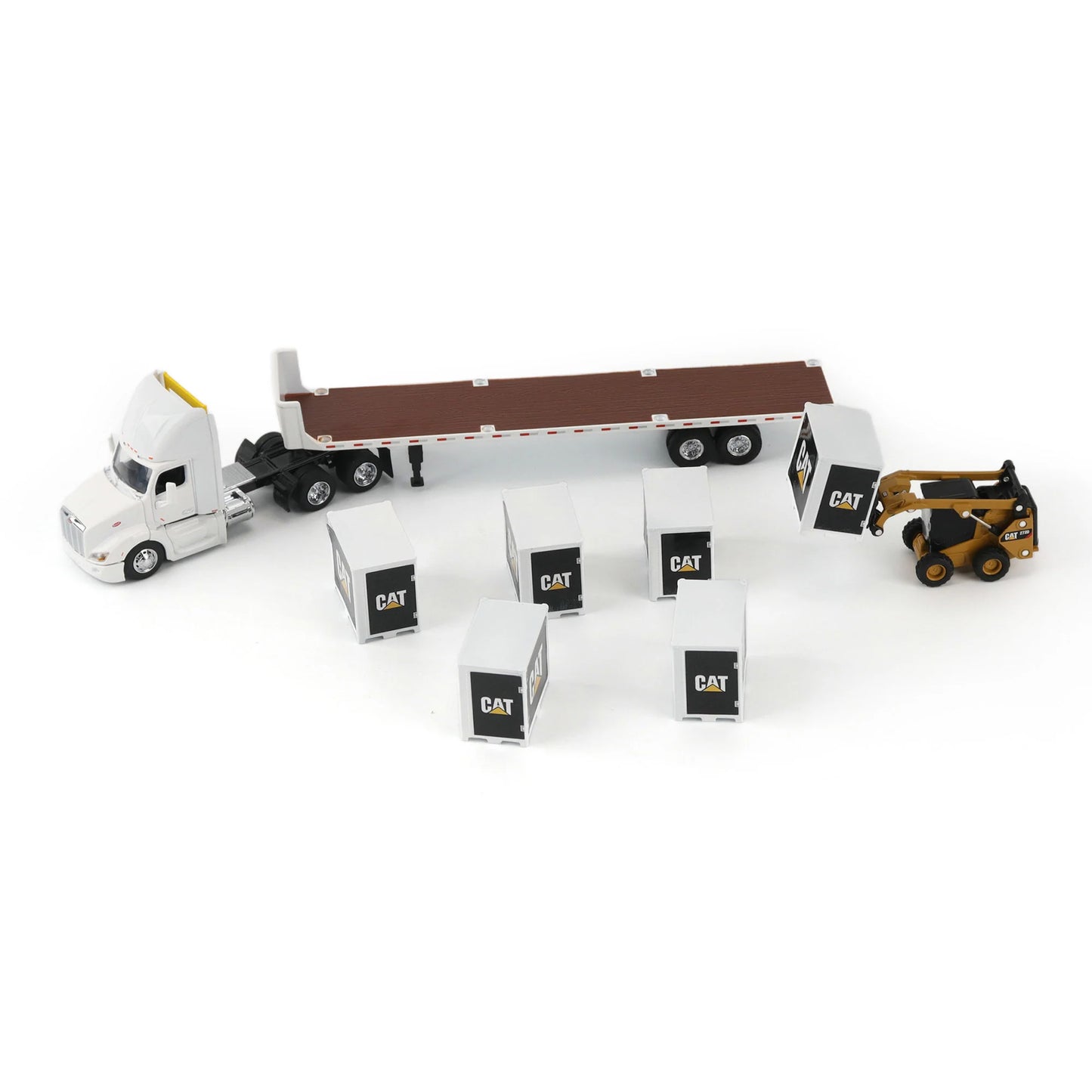 Model of a Peterbilt 579 hitched to a flatbed trailer with 6 CAT branded pallet boxes and a Caterpillar 272D Skid Steer Loader with pallet forks on a white background