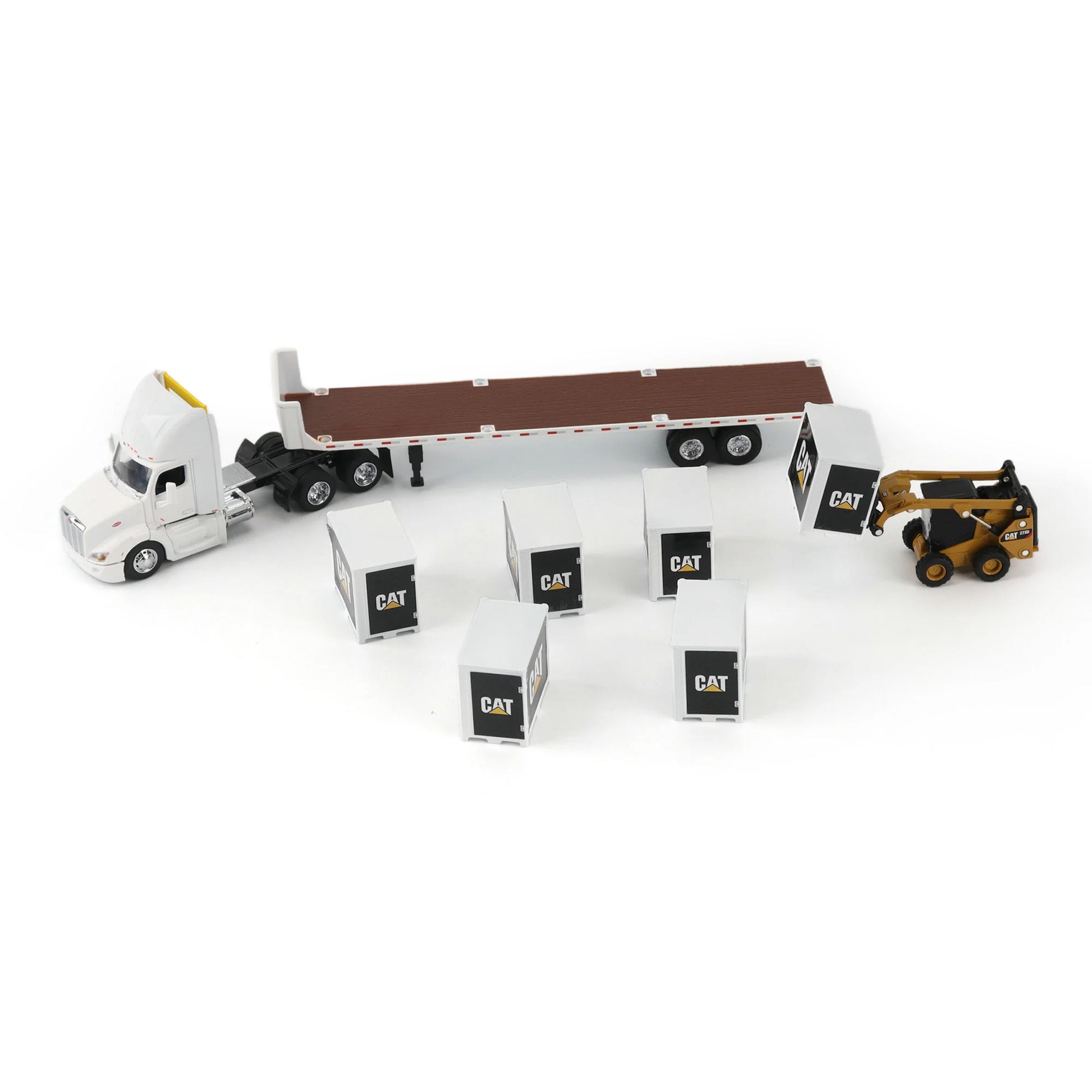 Model of a Peterbilt 579 hitched to a flatbed trailer with 6 CAT branded pallet boxes and a Caterpillar 272D Skid Steer Loader with pallet forks on a white background