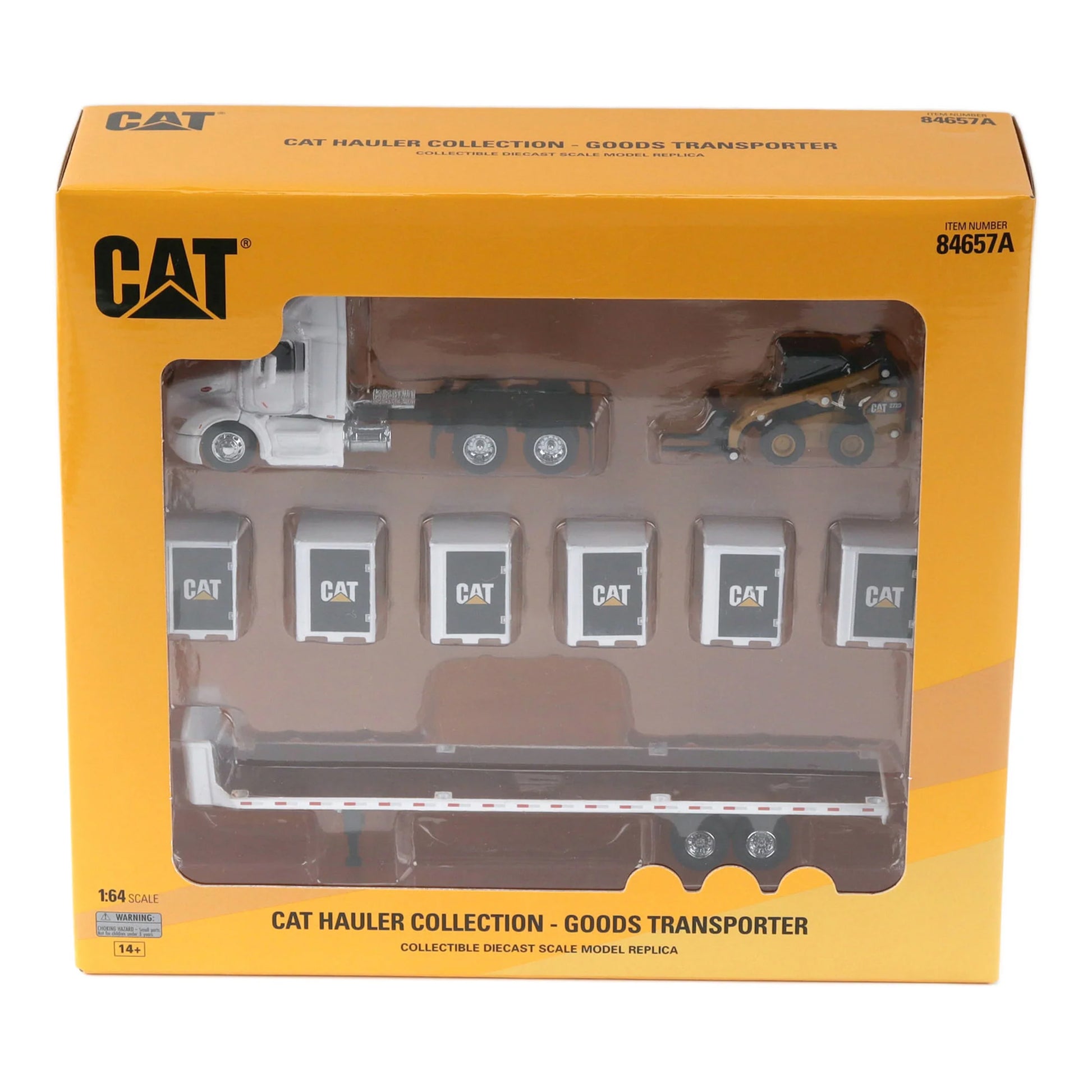 Boxed set of CAT hauler collection model replicas with yellow packaging.