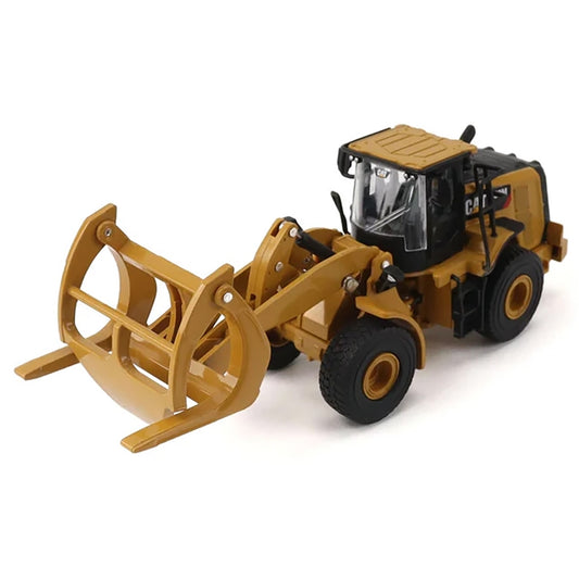 Model of a Caterpillar 950M Articulated Wheel Loader with Log Fork & Bucket Attachments on a White Background