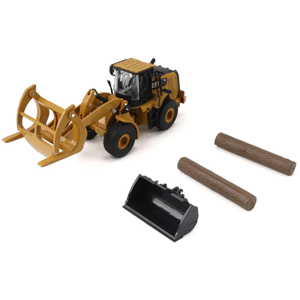 Model of a Caterpillar 950M Articulated Wheel Loader with Log Fork & Bucket Attachments on a White Background