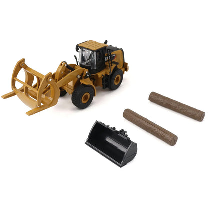 Model of a Caterpillar 950M Articulated Wheel Loader with Log Fork & Bucket Attachments on a White Background