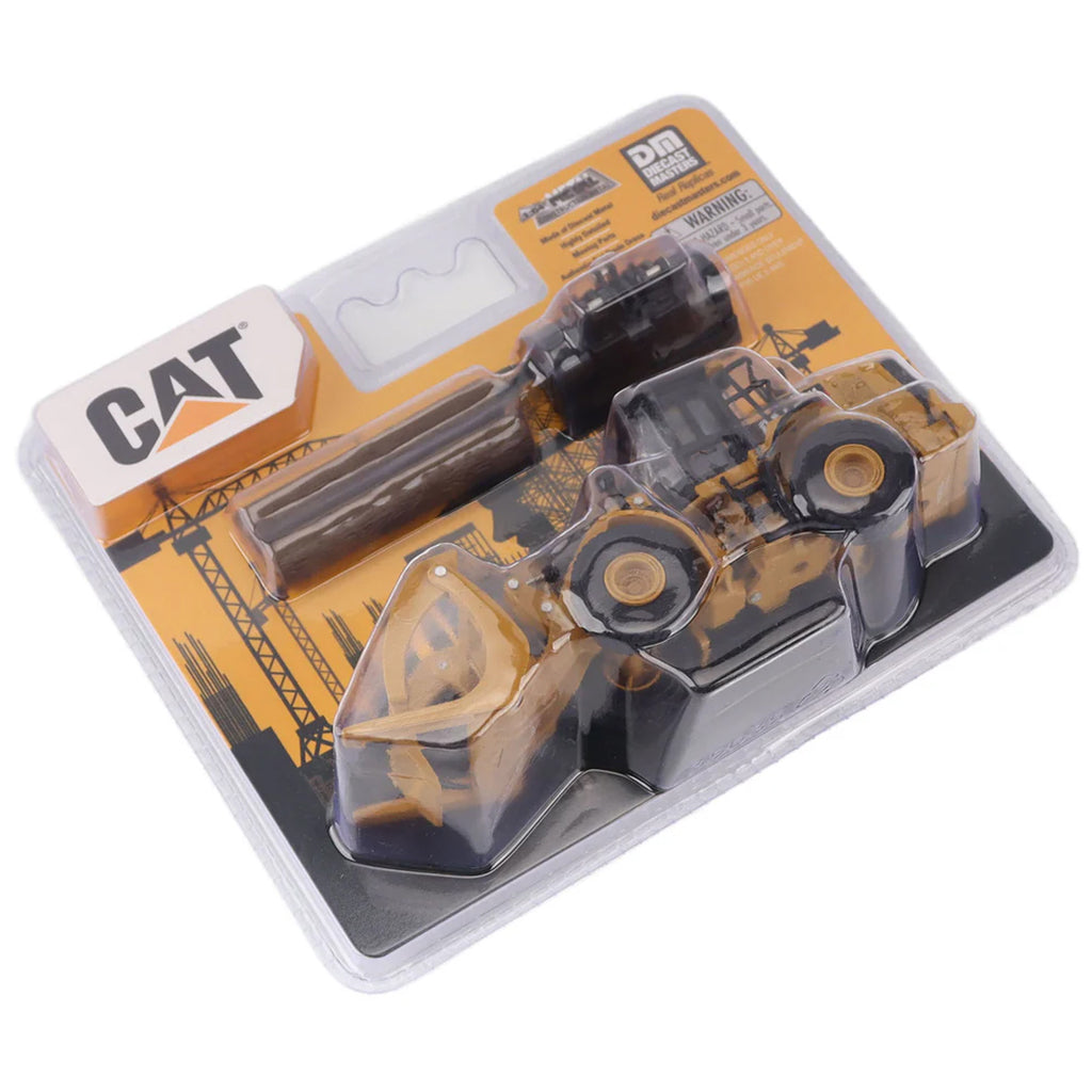 Model of a Caterpillar construction vehicle in packaging with CAT branding.