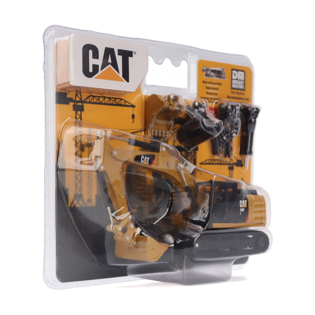 CAT brand toy construction vehicle set in its original clear blister packaging, featuring a yellow and black excavator-style toy with accessories on a white background.