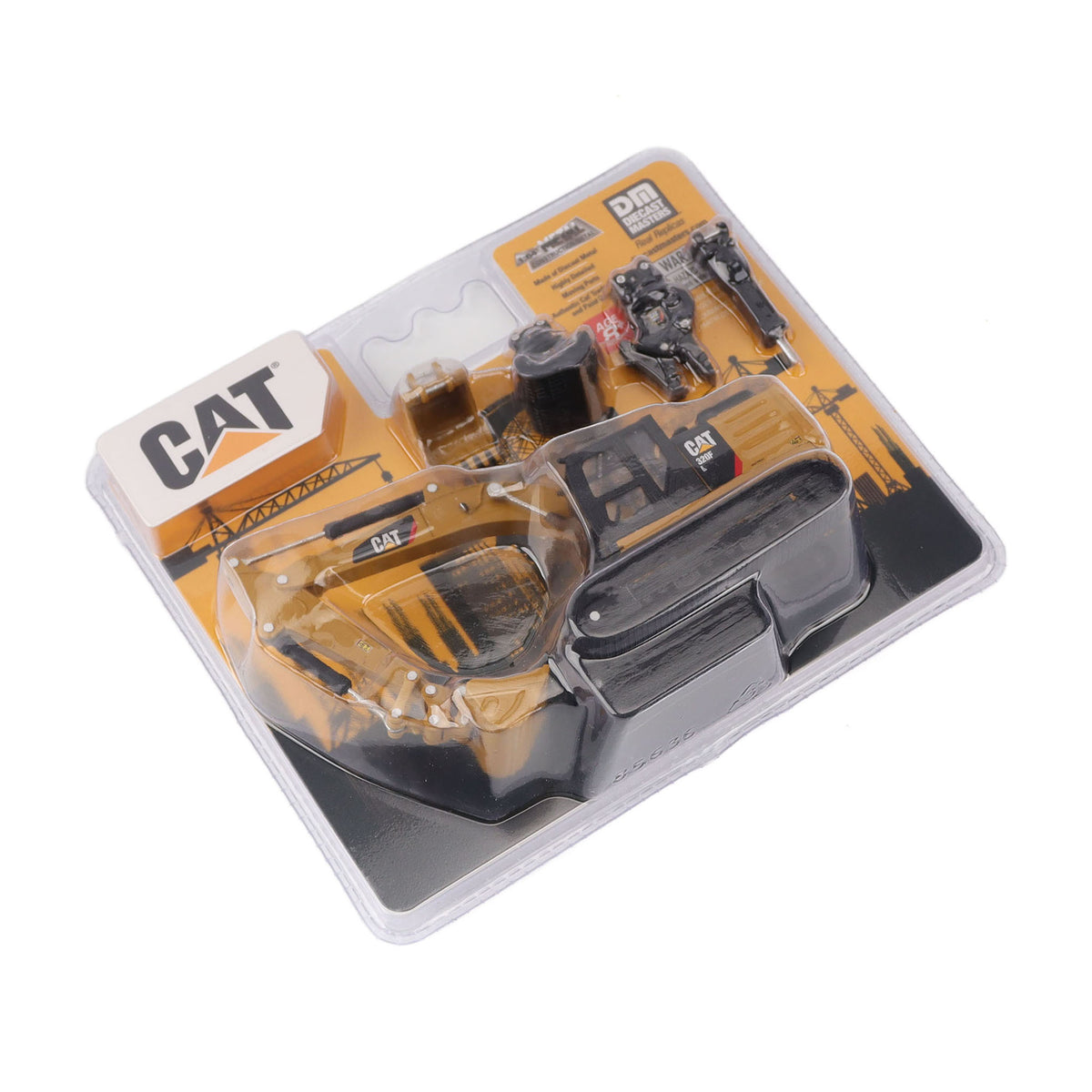 CAT brand toy construction vehicle set in clear blister packaging, featuring a small orange and black toy excavator and accessories on a white background.