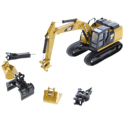 Model excavator with interchangeable attachments on a white background