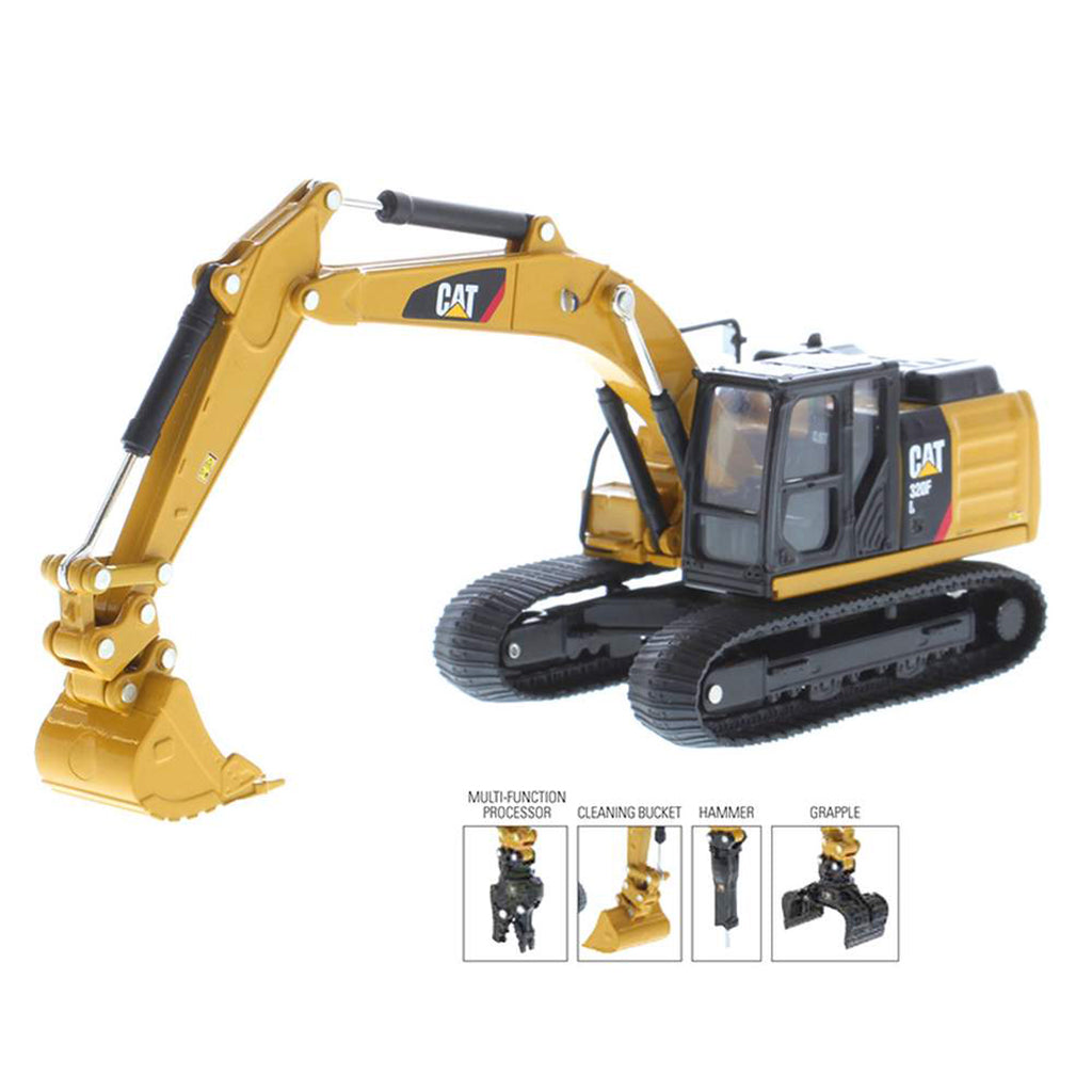 CAT toy excavator in yellow and black, shown on a white background with small feature inset images below the arm.