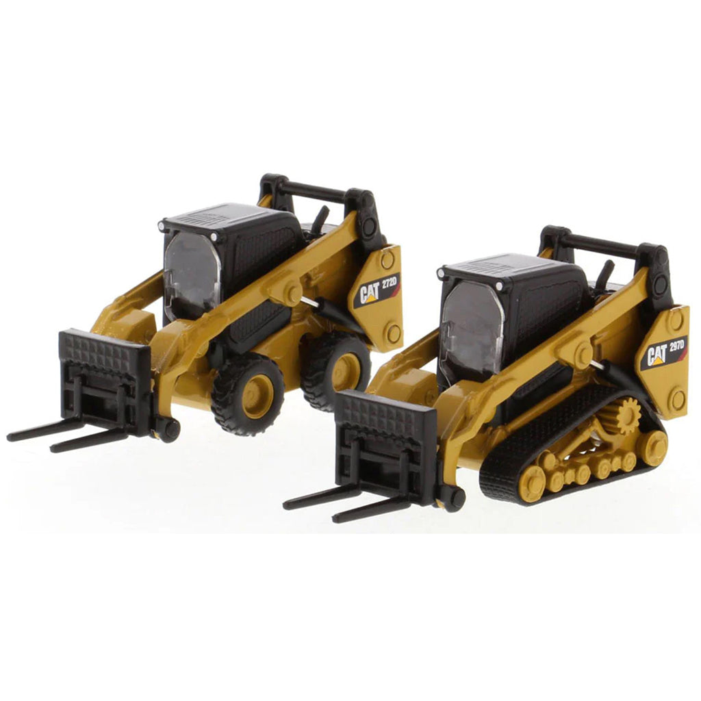 Models of Caterpillar 272D2 Skid-Steer Loader and Cat 297D2 Compact Track Loader on a White Background