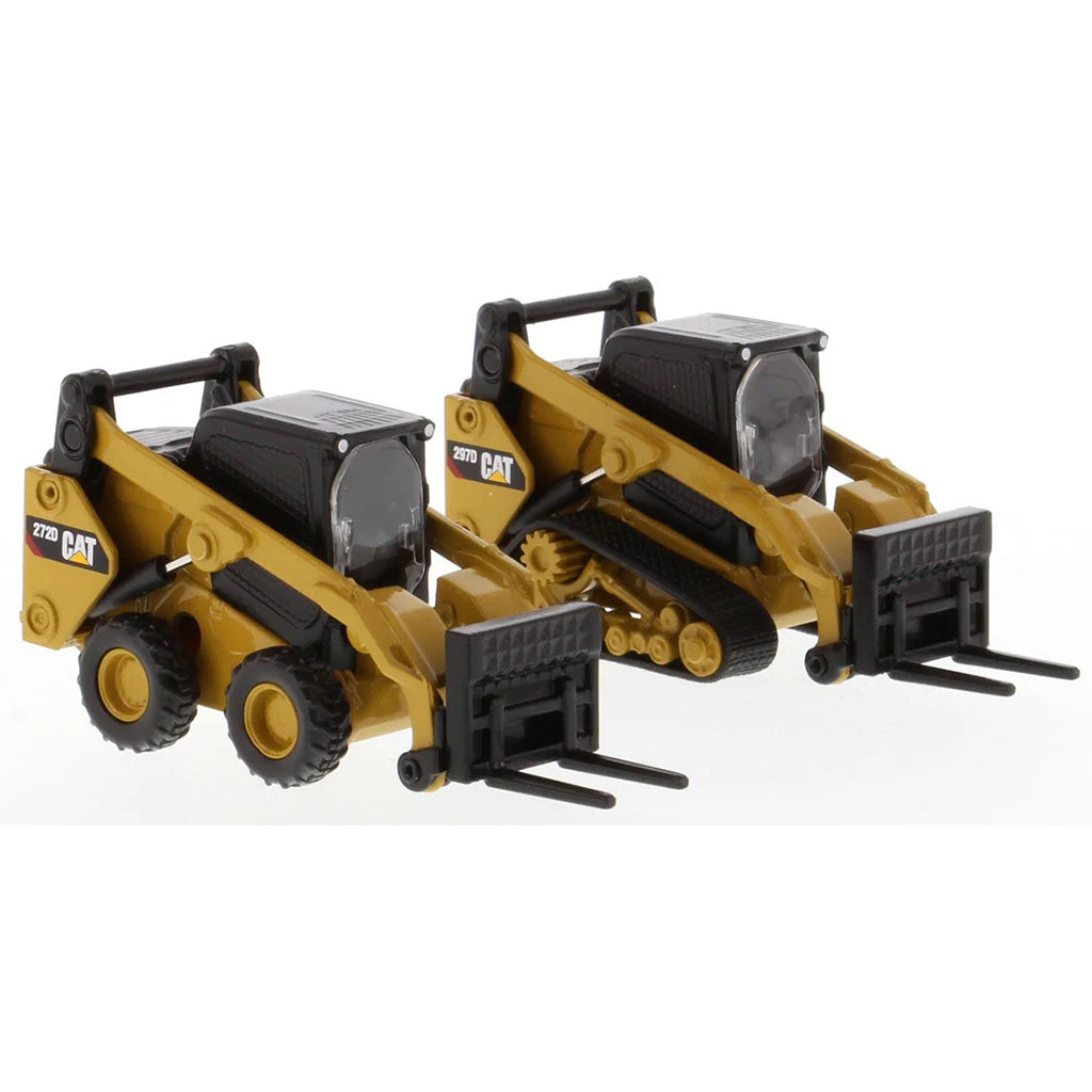 Models of Caterpillar 272D2 Skid-Steer Loader and Cat 297D2 Compact Track Loader on a White Background