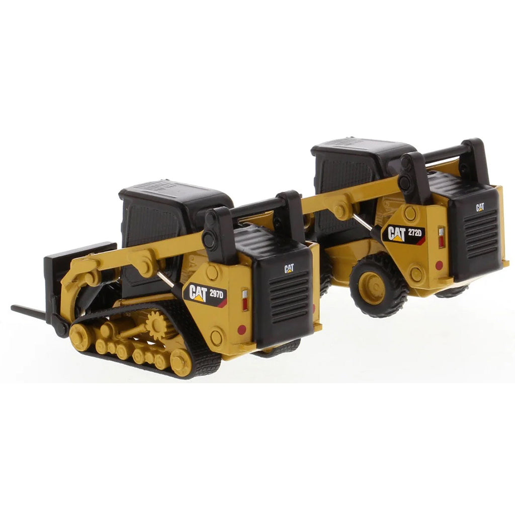 Models of Caterpillar 272D2 Skid-Steer Loader and Cat 297D2 Compact Track Loader on a White Background