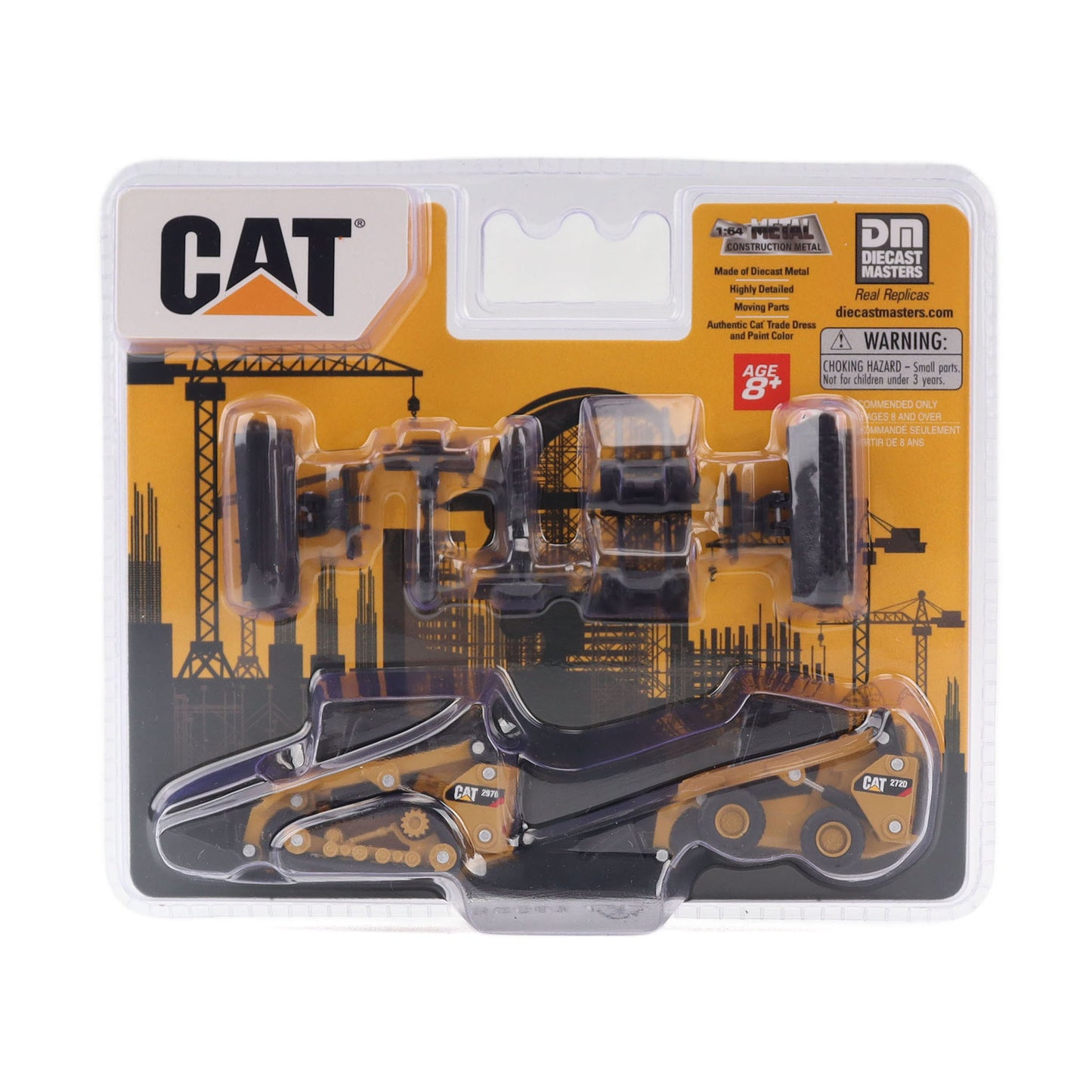 CAT diecast metal scale model skid steer and track loader in its original blister packaging, featuring the CAT logo and a construction-themed background.