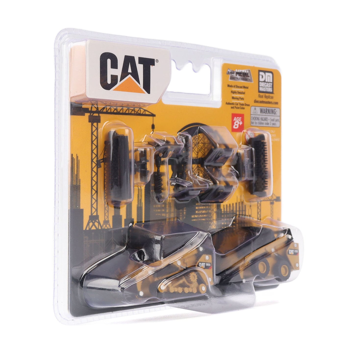 CAT diecast metal scale model skid steer and track loader in its original blister packaging, featuring the CAT logo and a construction-themed background.