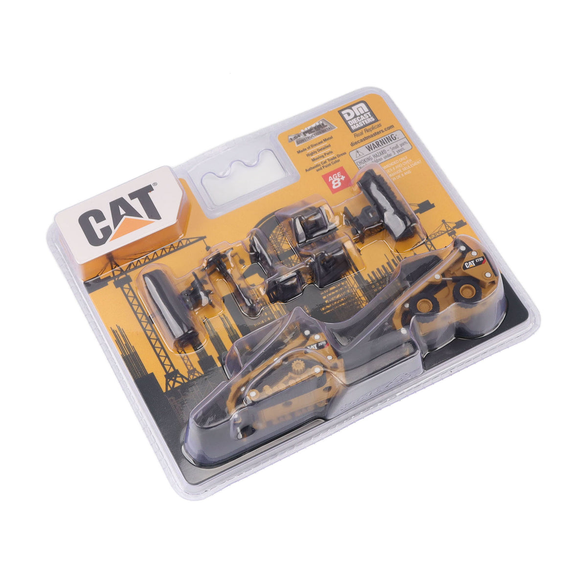 CAT brand toy construction vehicle set in clear blister packaging with an orange and black printed backing card, photographed on a white background.