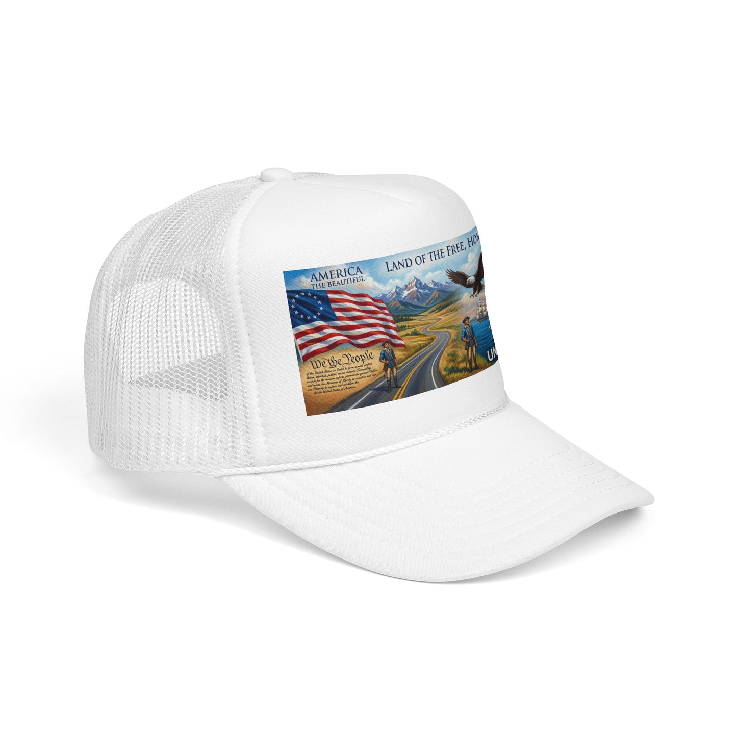 Patriotic Foam Trucker Hat — "United We Stand" Eagle & American Flag Design