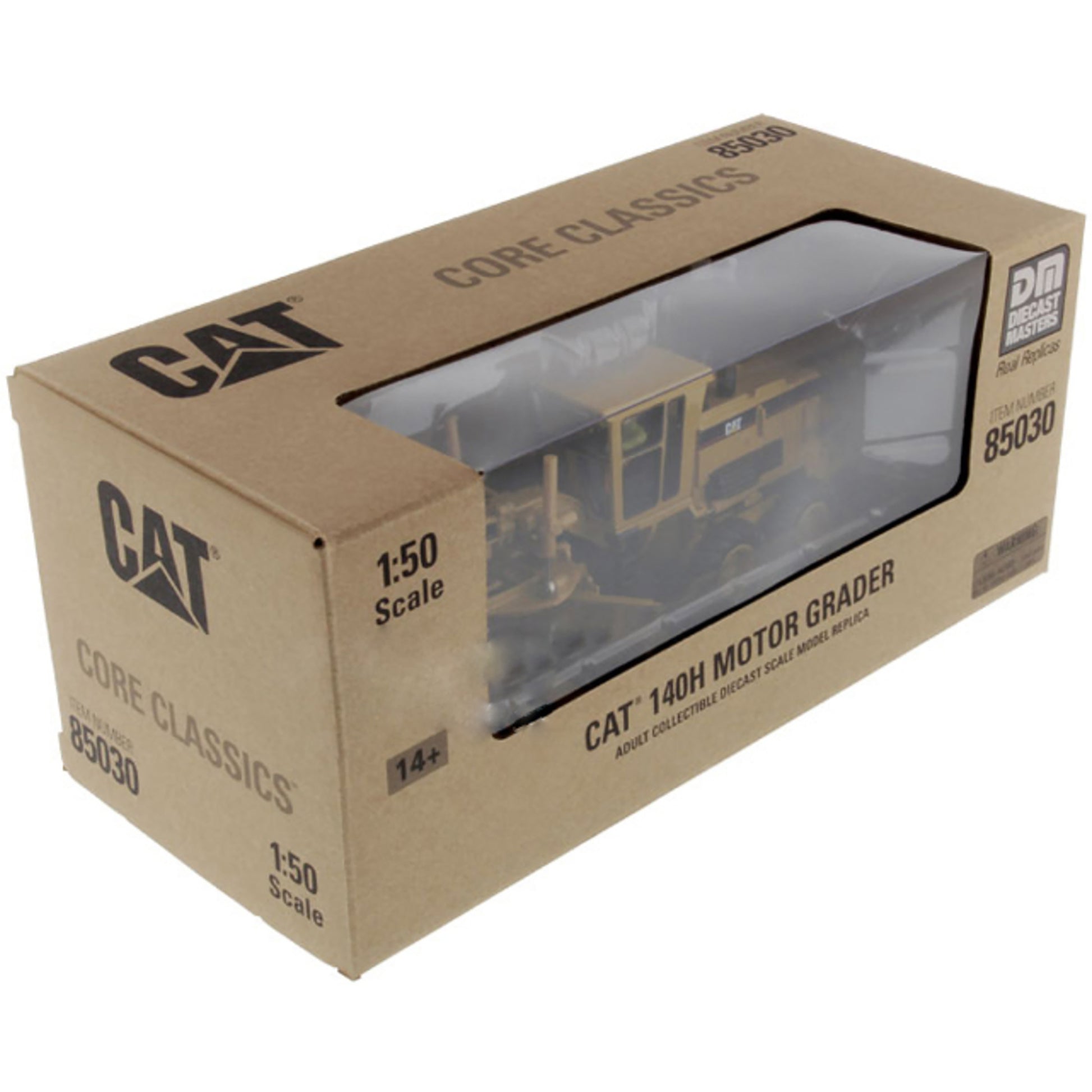 Cardboard box packaging for a CAT model of a 140H Motor Grader on a white background