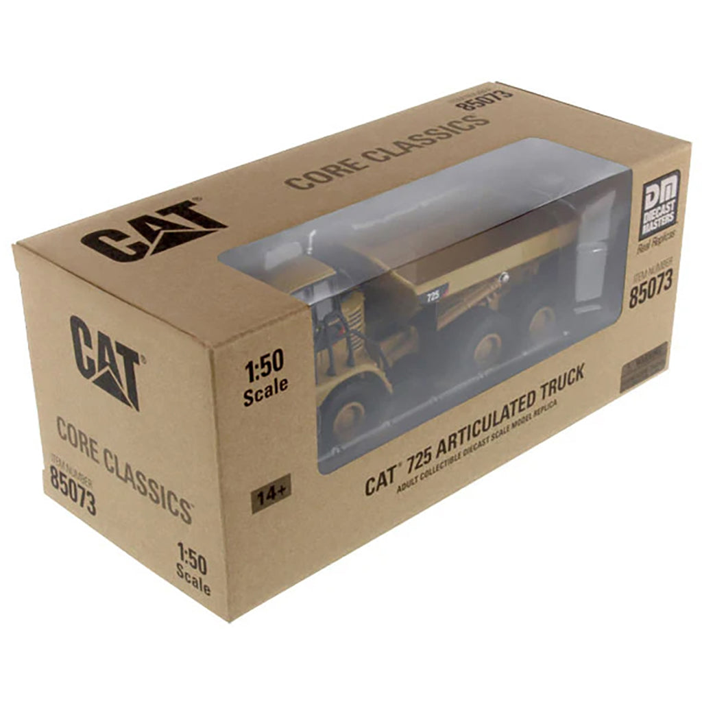 Model of a Caterpillar 725 Articulated Dump Truck in Brown Cardboard Packaging on a White Background