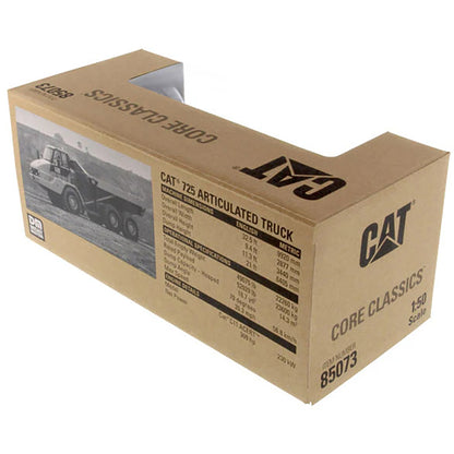 Model of a Caterpillar 725 Articulated Dump Truck in Brown Cardboard Packaging on a White Background
