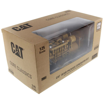 Model of a Caterpillar 3516B Package Generator Set in Brown Cardboard Window Box Packaging on a White Background