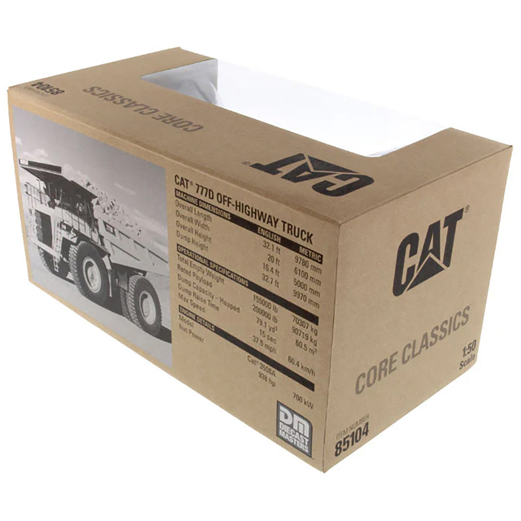 Model of a Caterpillar 777D Off-Highway Dump Truck in WIndow Box Packaging on a White Background