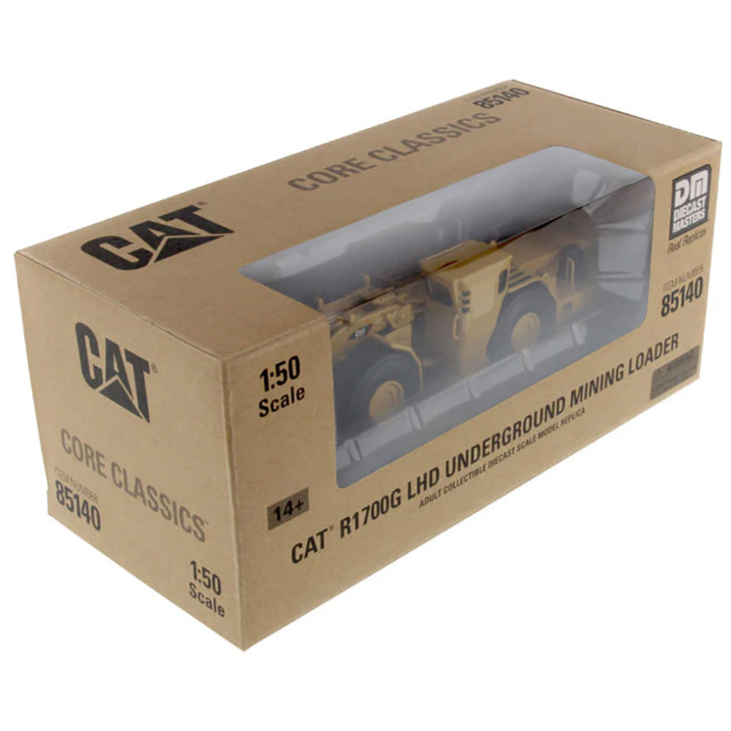 Boxed model of a Caterpillar mining loader with clear window