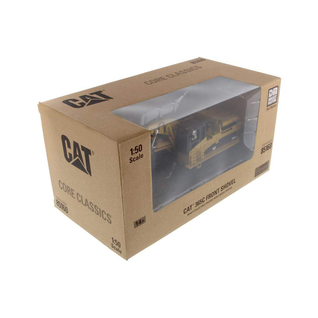 Model of a Caterpillar 365C Front Shovel in Brown Cardboard Window Box Packaging on a White Background