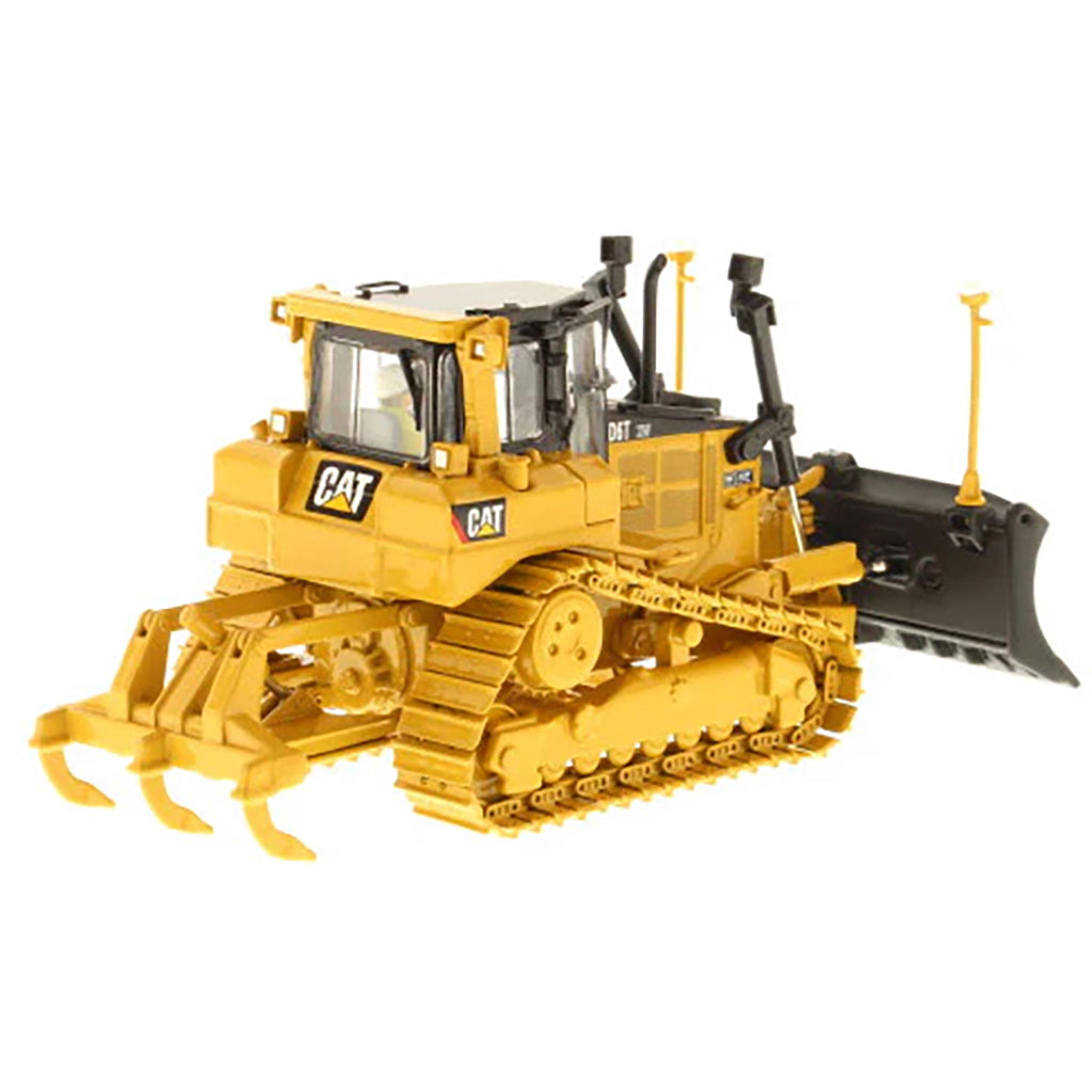 Model of a Yellow Caterpillar D6T XW VPAT Track-Type Dozer with Rear Ripper & AccuGrade GPS on a White Background