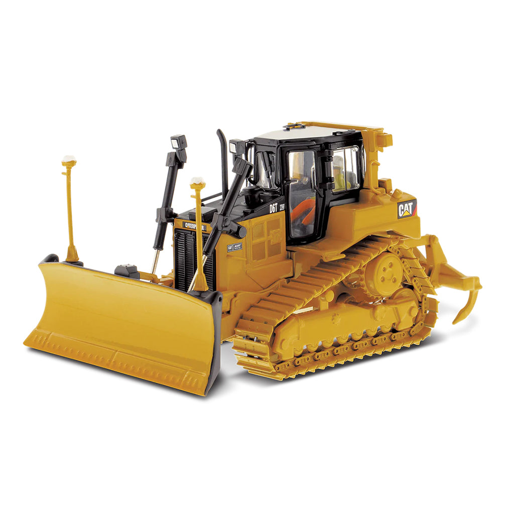 Model of a Yellow Caterpillar D6T XW VPAT Track-Type Dozer with Rear Ripper & AccuGrade GPS on a White Background