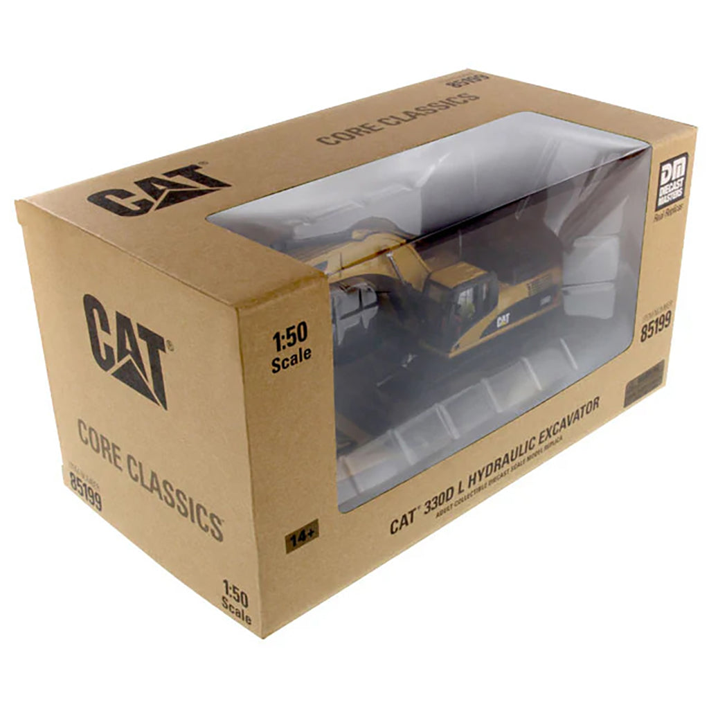 Model of a Caterpillar 330D L Hydraulic Excavator In Brown Cardboard Packaging on a White Background