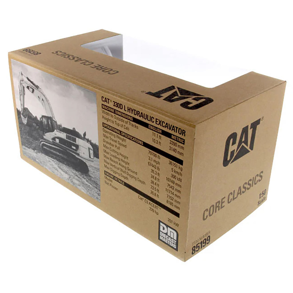 Model of a Caterpillar 330D L Hydraulic Excavator In Brown Cardboard Packaging on a White Background