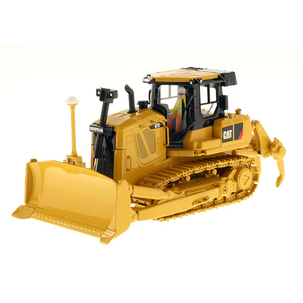Model of a Yellow Caterpillar D7E Track-Type Dozer with Rear Ripper on a White Background