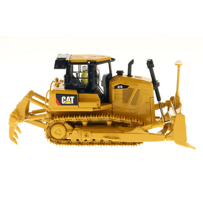 Model of a Yellow Caterpillar D7E Track-Type Dozer with Rear Ripper on a White Background