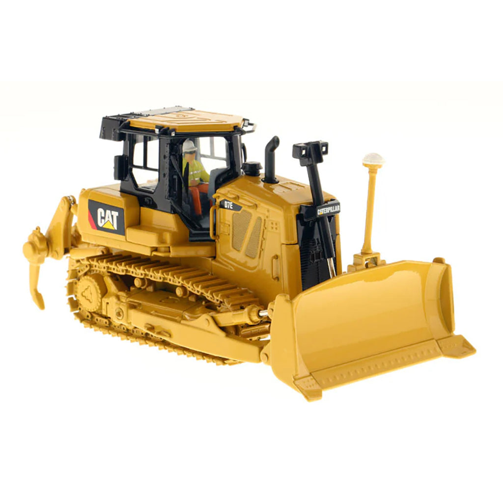 Model of a Yellow Caterpillar D7E Track-Type Dozer with Rear Ripper on a White Background