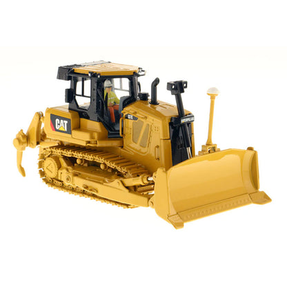 Model of a Yellow Caterpillar D7E Track-Type Dozer with Rear Ripper on a White Background
