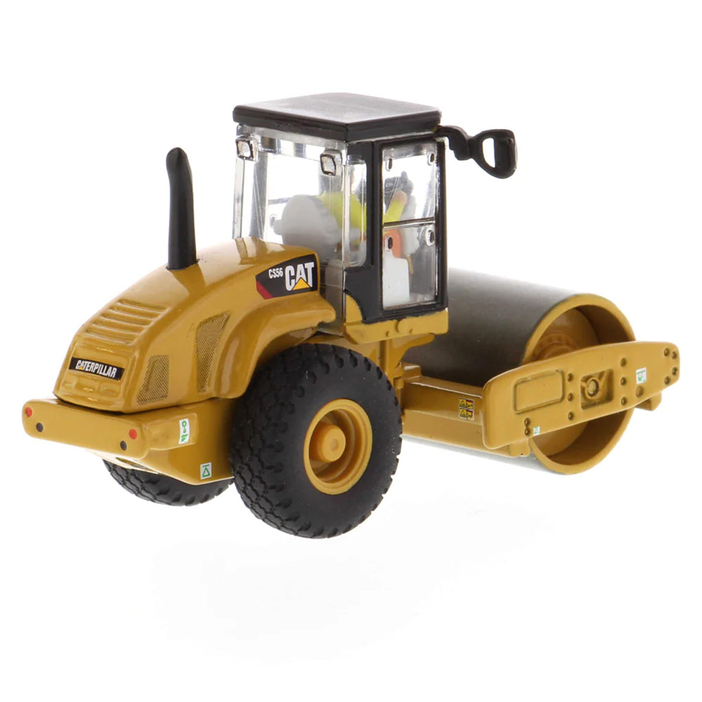 Model of a Caterpillar CS56 Smooth Drum Vibratory Soil Compactor w/Enclosed Cab on a White Background