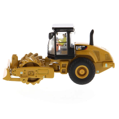 Model of a Caterpillar CP56 Padfoot Drum Vibratory Soil Compactor w/Enclosed Cab on a White Background