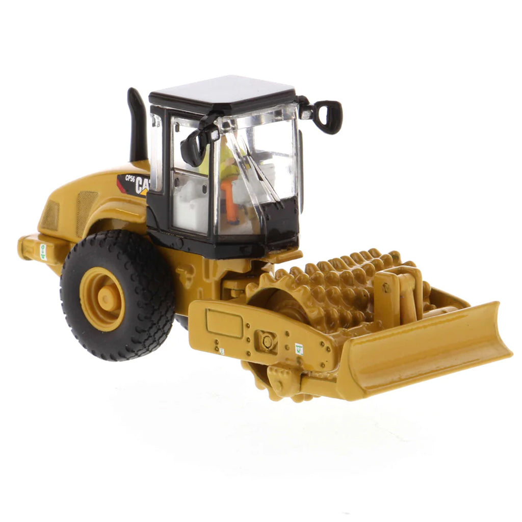 Model of a Caterpillar CP56 Padfoot Drum Vibratory Soil Compactor w/Enclosed Cab on a White Background