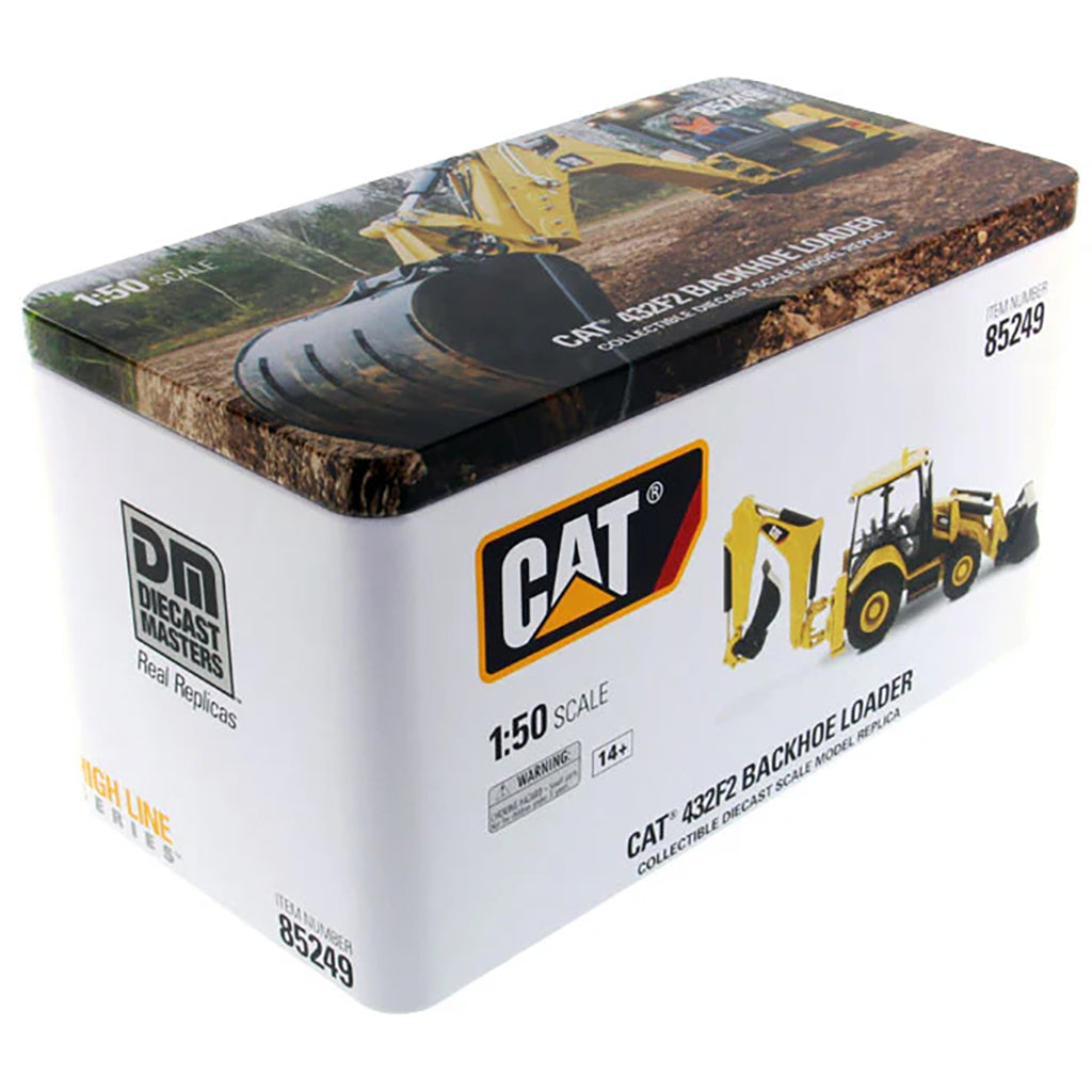 Model of a Caterpillar 432F2 Side Shift Backhoe Loader in Tin Box Packaging on a White Background