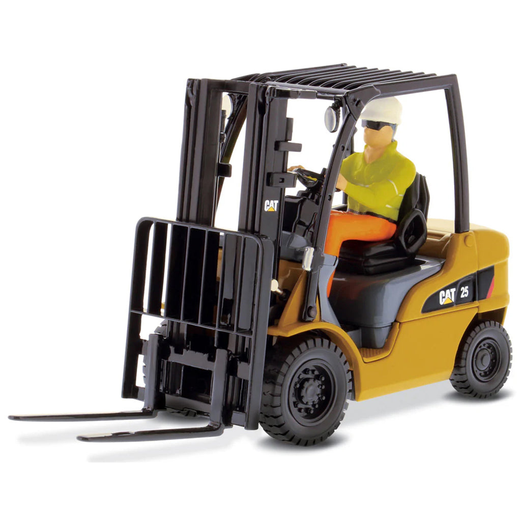 Model of a forklift with a driver figure on a white background