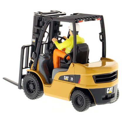 Model of a forklift with a driver figure on a white background