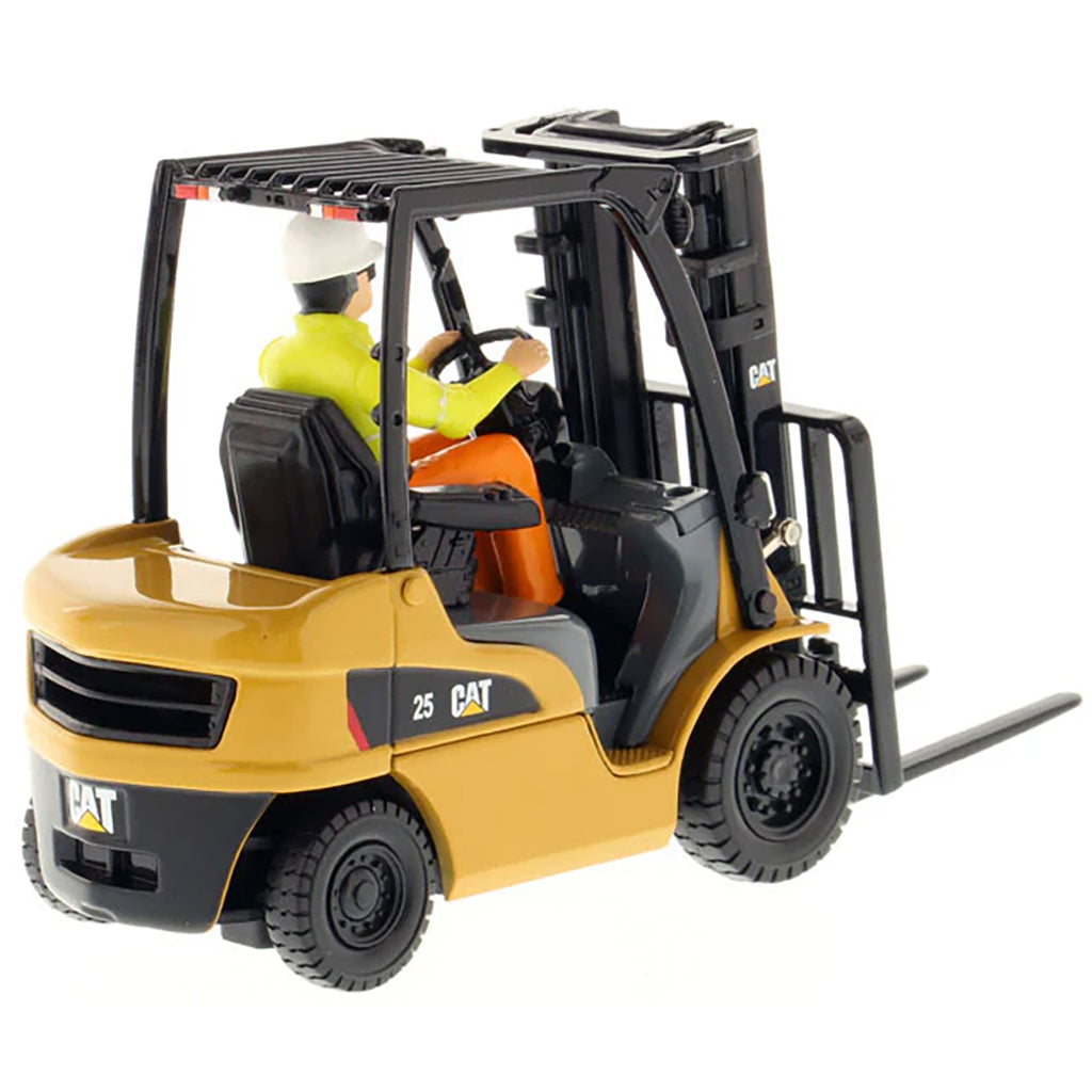Model of a forklift with a driver figure on a white background