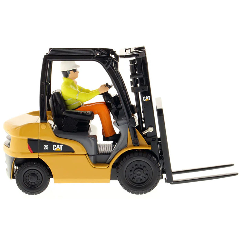 Model of a forklift with a driver figure on a white background