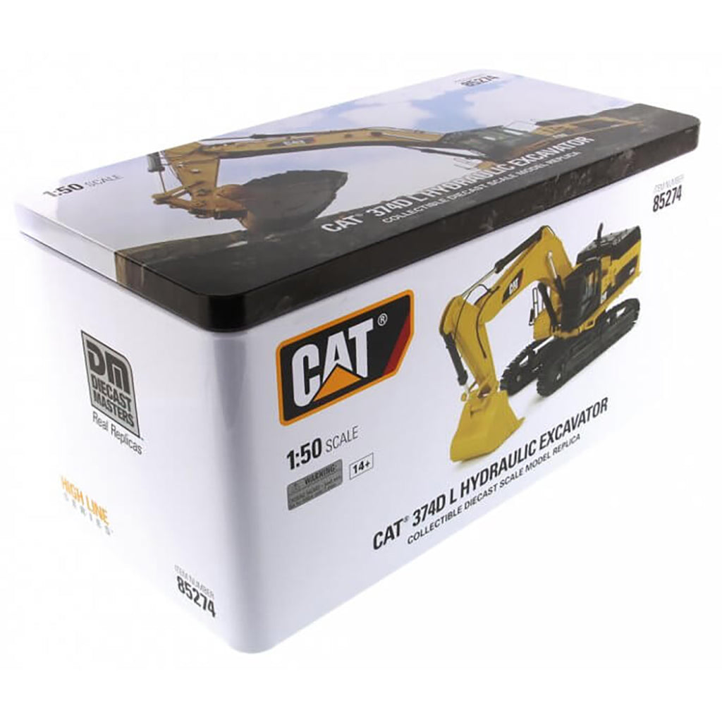 Model of a Caterpillar 374D L Hydraulic Excavator in Tin Box Packaging on a White Background
